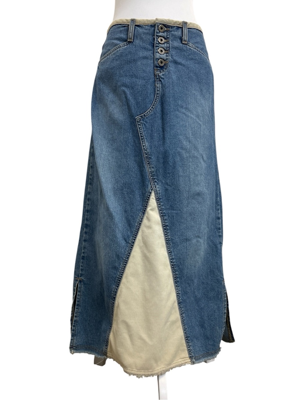 Hydraulic Vintage 90s Blue Denim & Beige Corduroy Panel Midi Skirt
